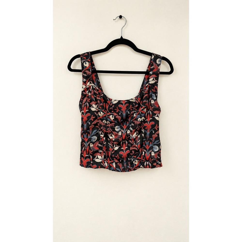 Free People Floral Damask Smocked Crop Top M Black Red Blue Boho